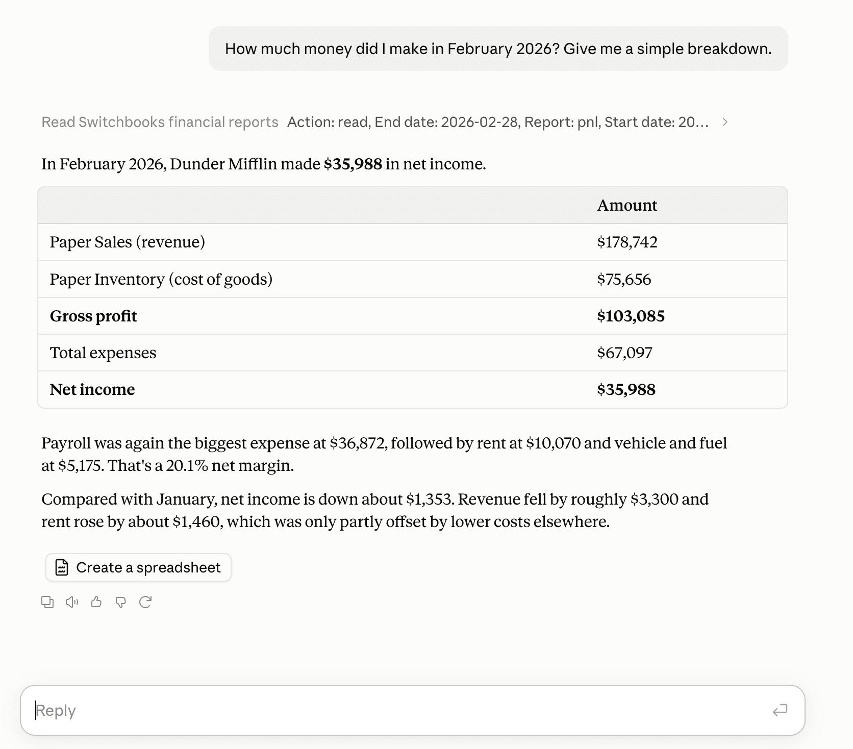 Claude answering how much money the company made in February 2026 with a profit and loss table from Switchbooks