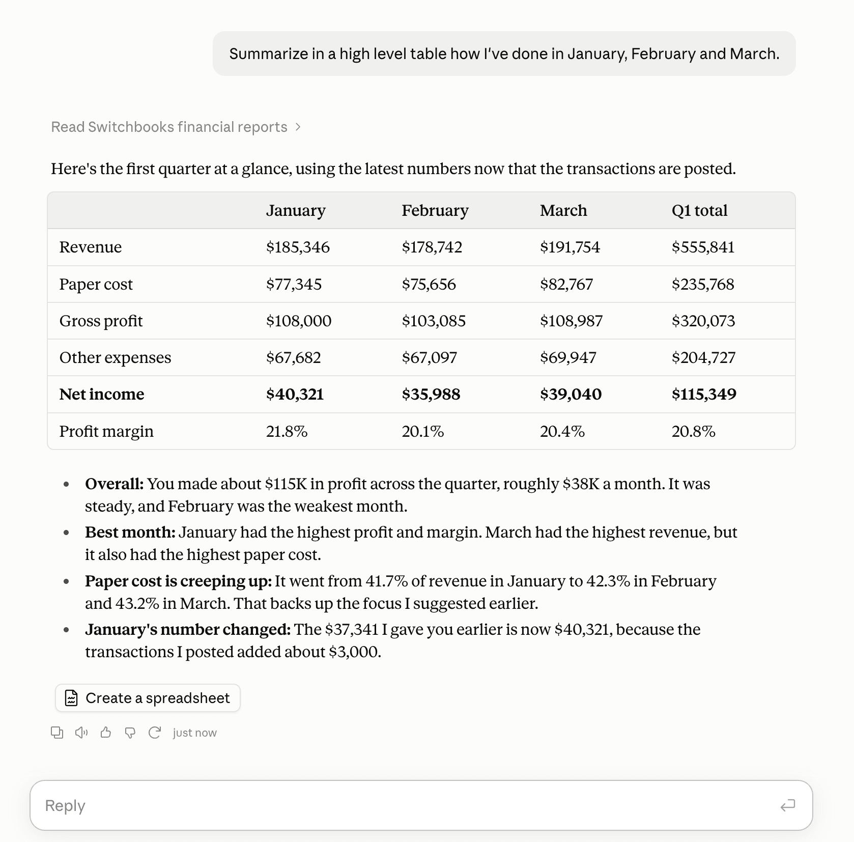 Claude summarizing January, February and March in one table with revenue, costs, net income and margin by month and a quarter total