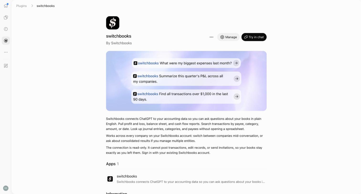 The Switchbooks listing in the ChatGPT plugin directory, with example prompts and the description