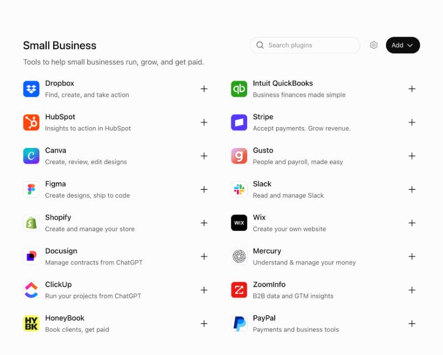 The Small Business section of the ChatGPT plugin directory: Dropbox, Intuit QuickBooks, HubSpot, Stripe, Canva, Gusto and more