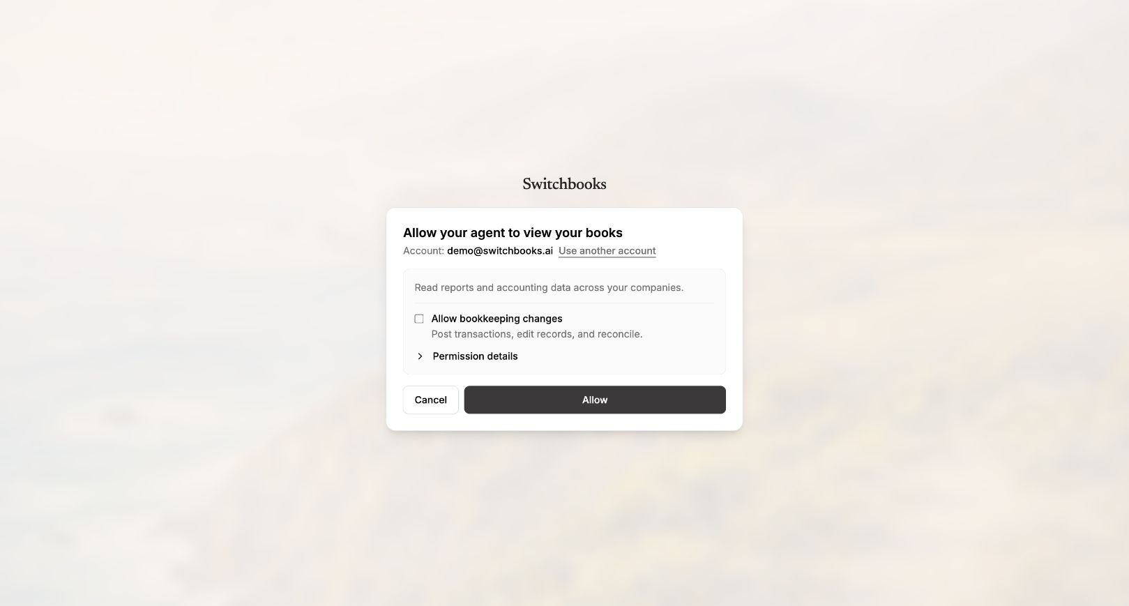 The Switchbooks permission screen when connecting ChatGPT, with the Allow bookkeeping changes checkbox and the Allow button