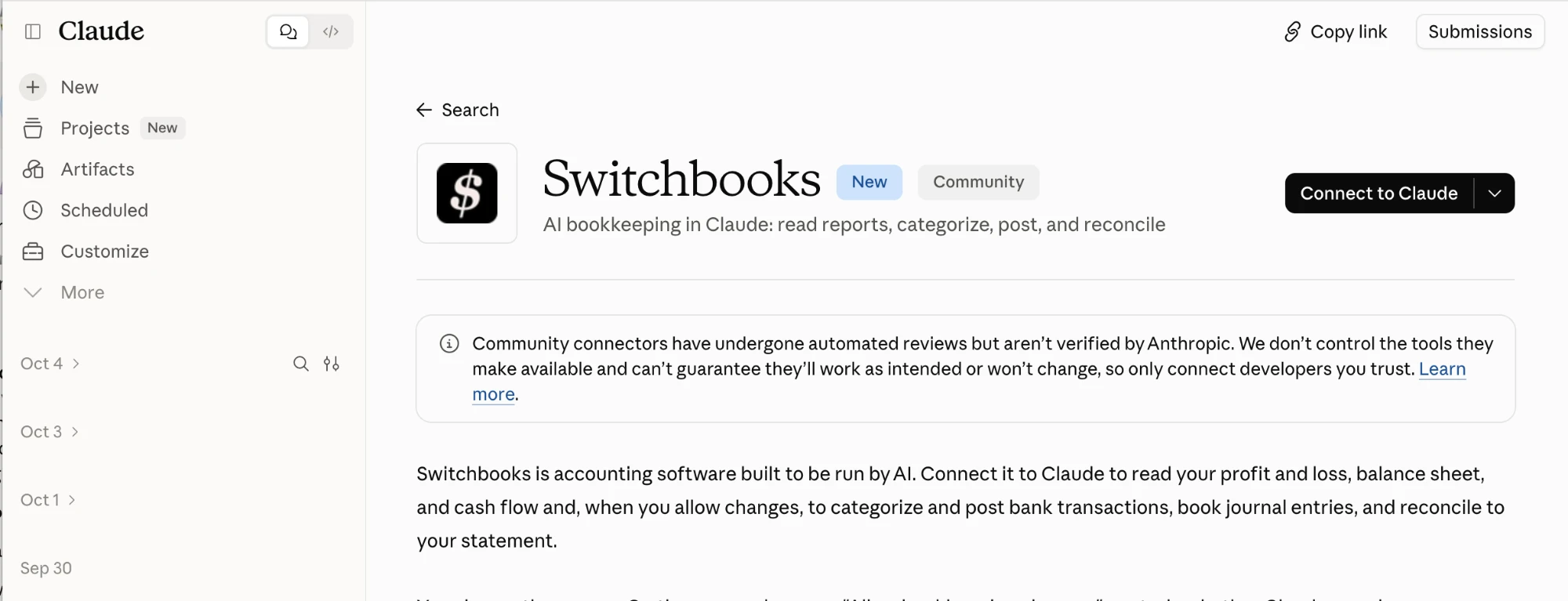 The Switchbooks connector listing in the Claude directory, with the Connect to Claude button