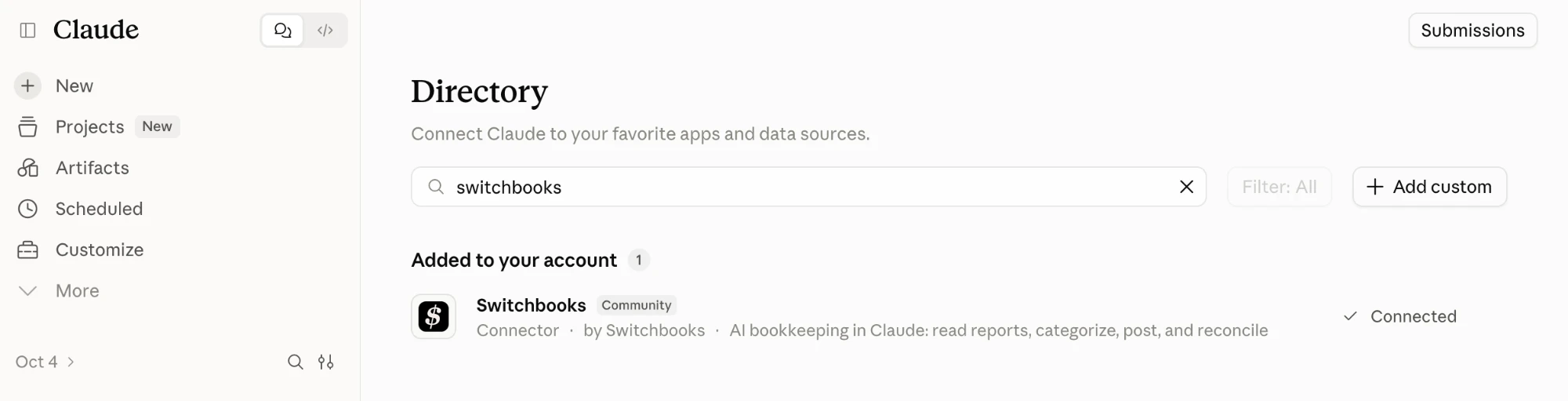 The Claude directory showing Switchbooks added to the account and marked Connected