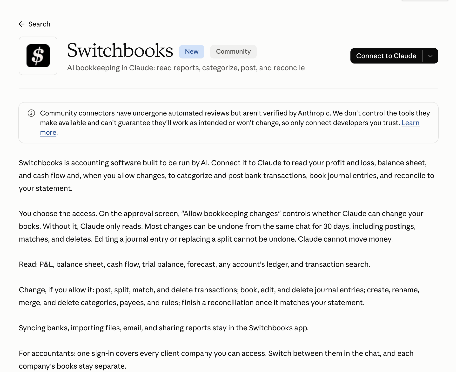 The Switchbooks listing in the Claude directory, describing what a connection can read and, with permission, change