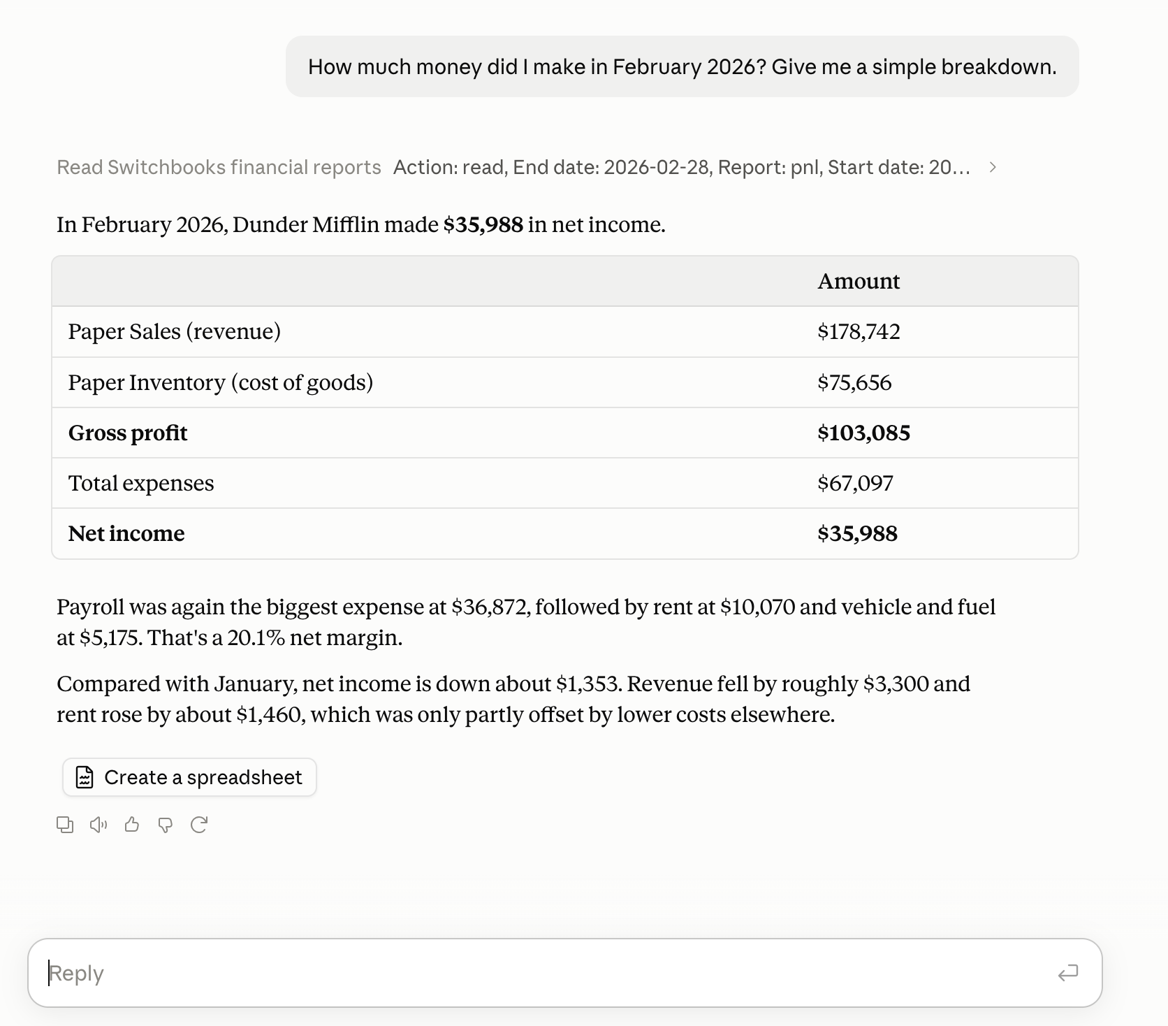 Claude answering "How much money did I make in February 2026?" from Switchbooks: a profit and loss table with revenue, cost of goods, gross profit, expenses and net income, plus a comparison with January