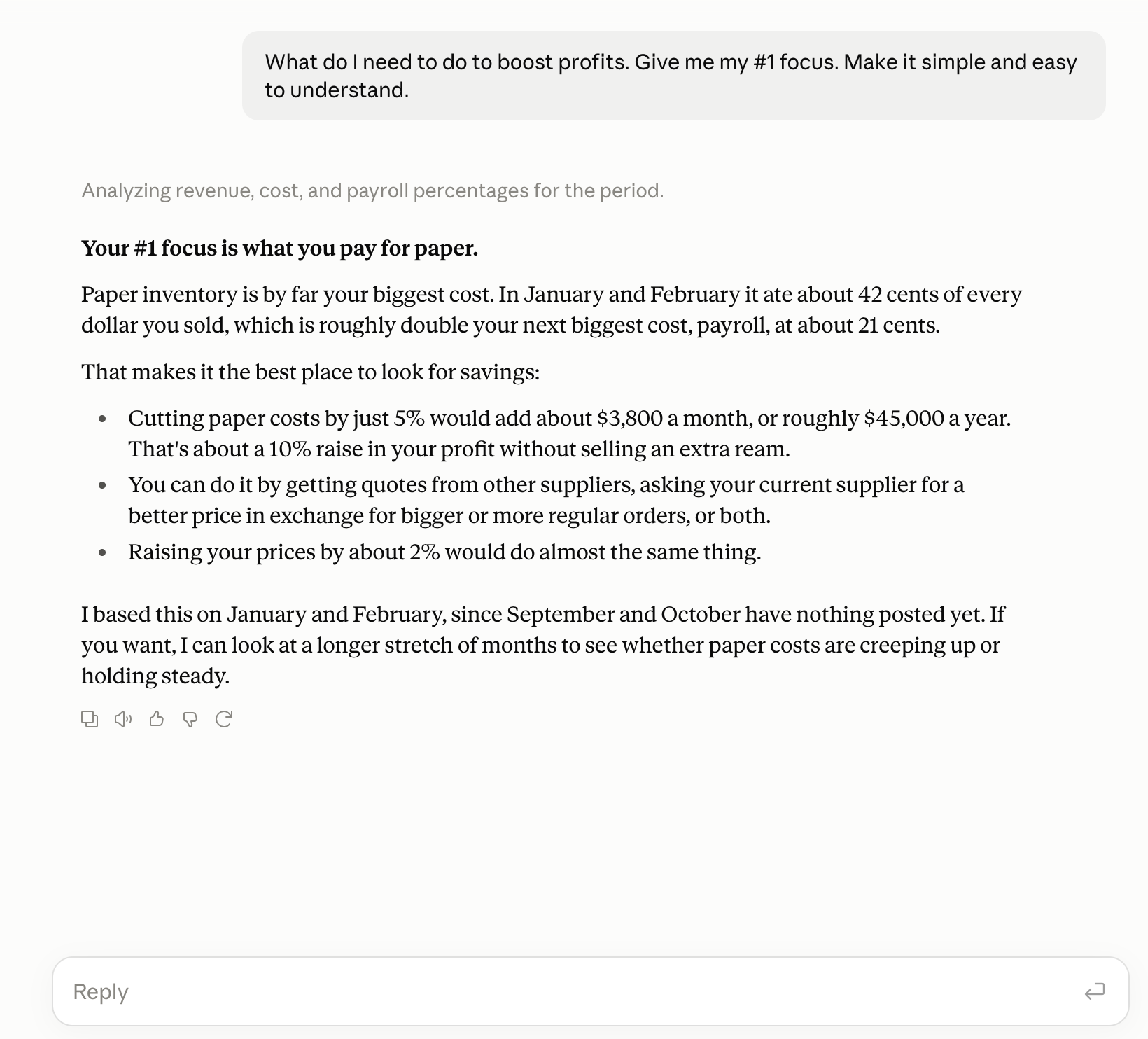 Claude answering "What do I need to do to boost profits?" from the Switchbooks ledger: paper cost is the number one lever at 42 cents of every dollar sold, with the savings from a 5% cut