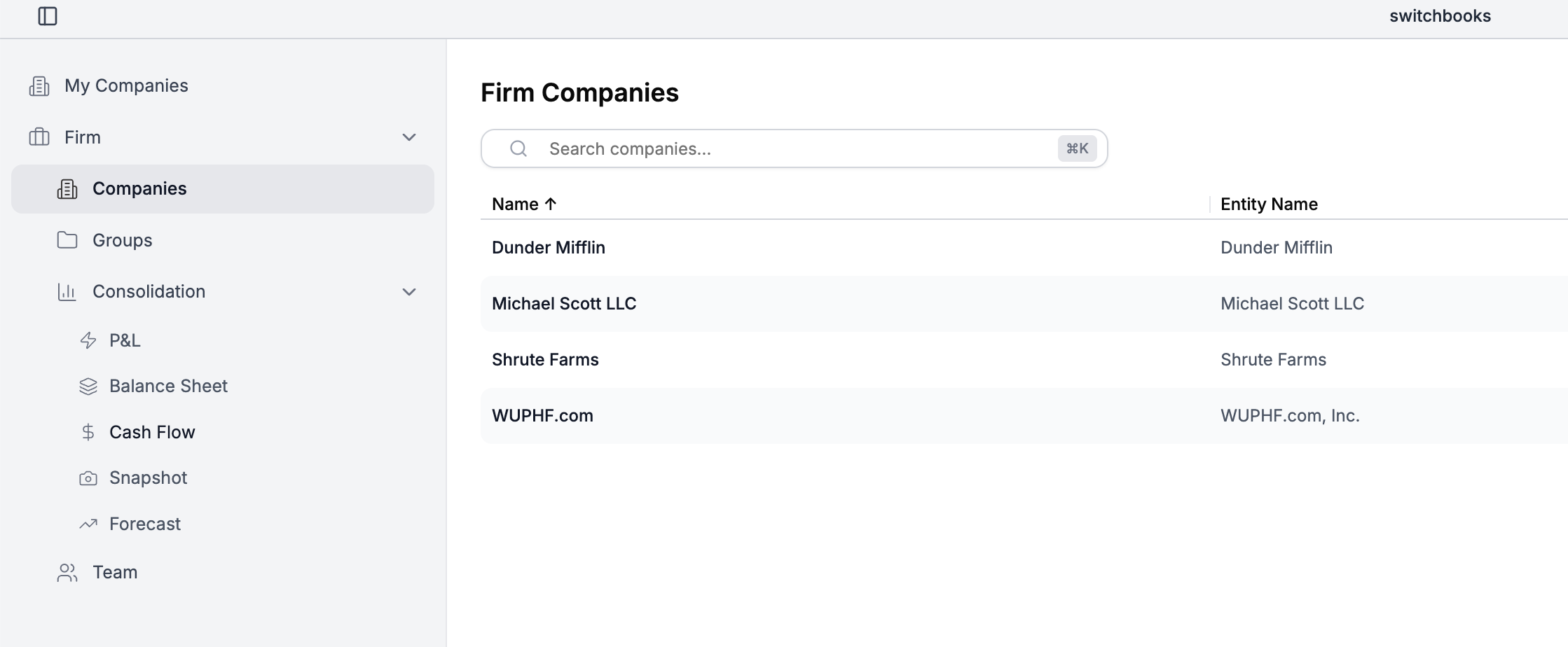The switchbooks company view listing several entities under one firm account