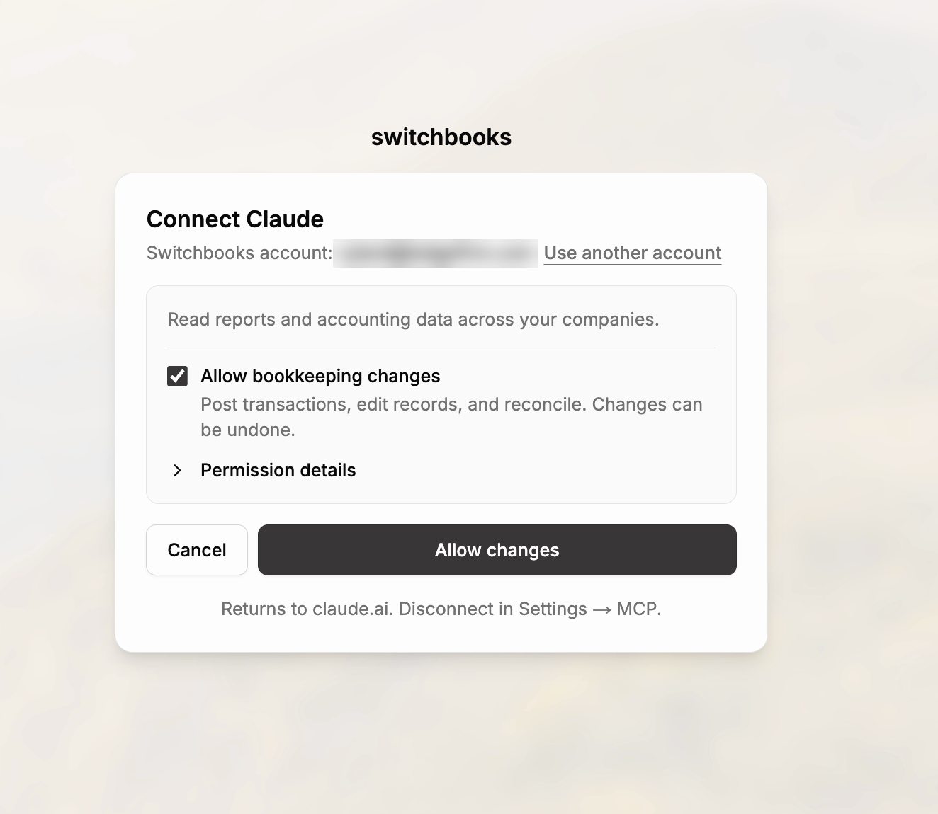 The Switchbooks permission screen when connecting Claude, with the Allow bookkeeping changes checkbox and the Allow changes button